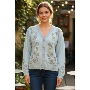 Kindred Spirit Floral Cardigan Sweater Womens M Blue Travel Cotton Vacation NWOT
